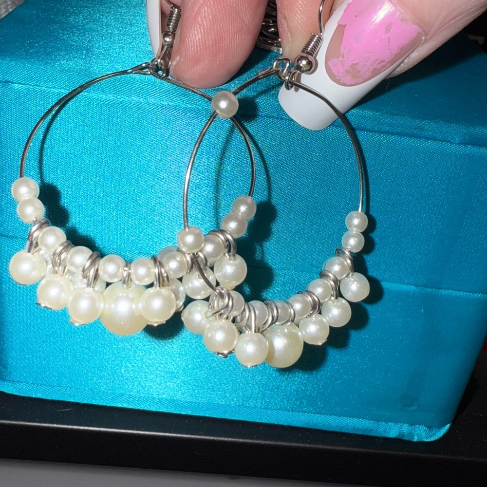 Classic Faux Pearl Beaded Silver Hoop Earrings